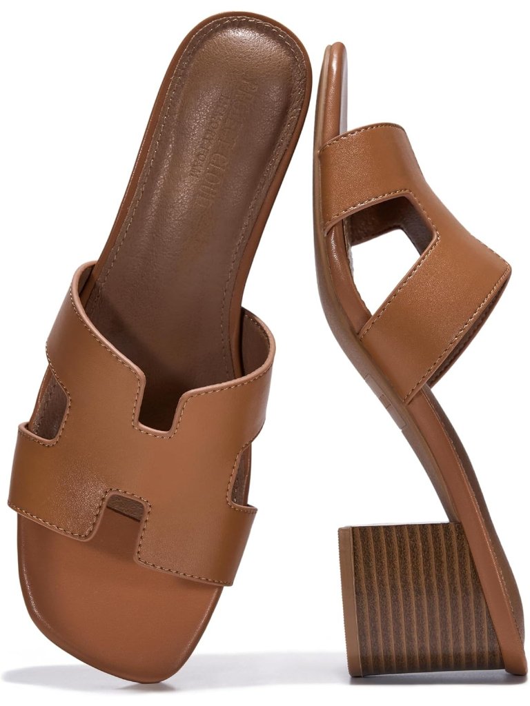 Women's Cognac Genuine Leather Heeled Sandals Memory Foam Insole Block Heels